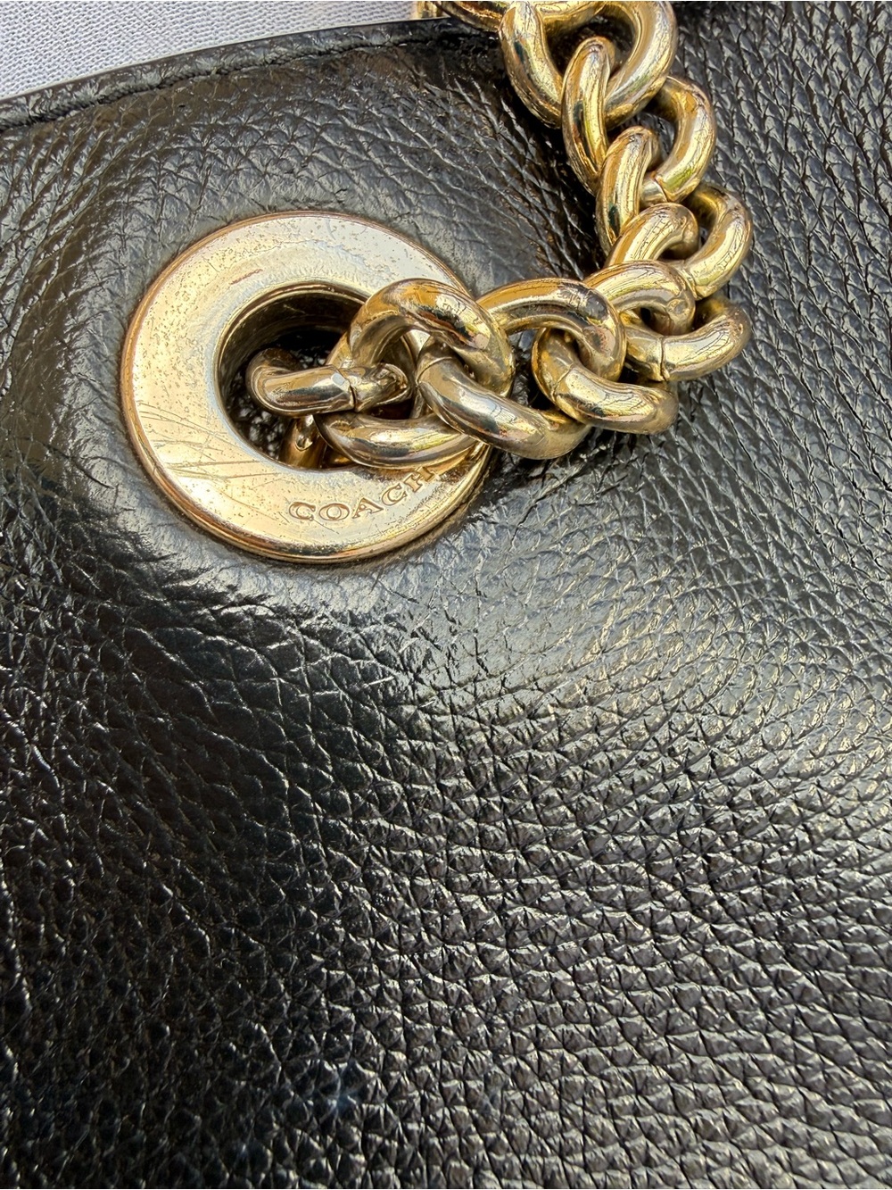 Coach Black Pebbled Leather Tote with Gold Chain Straps - Picture 16 of 16